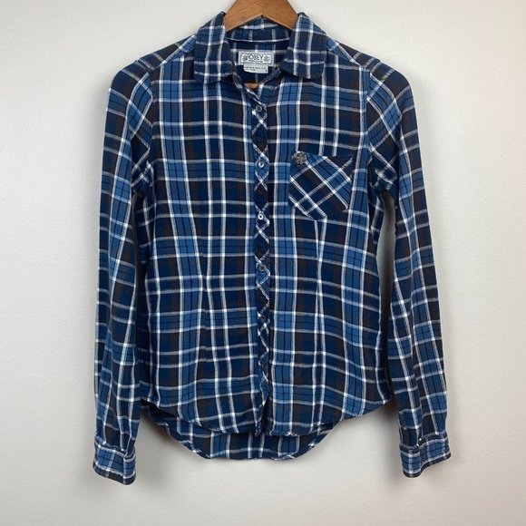 OBEY Flannel Shirt Small‎ Women Button Up Top Blue Brown Plaid Long Sleeve - Picture 1 of 10